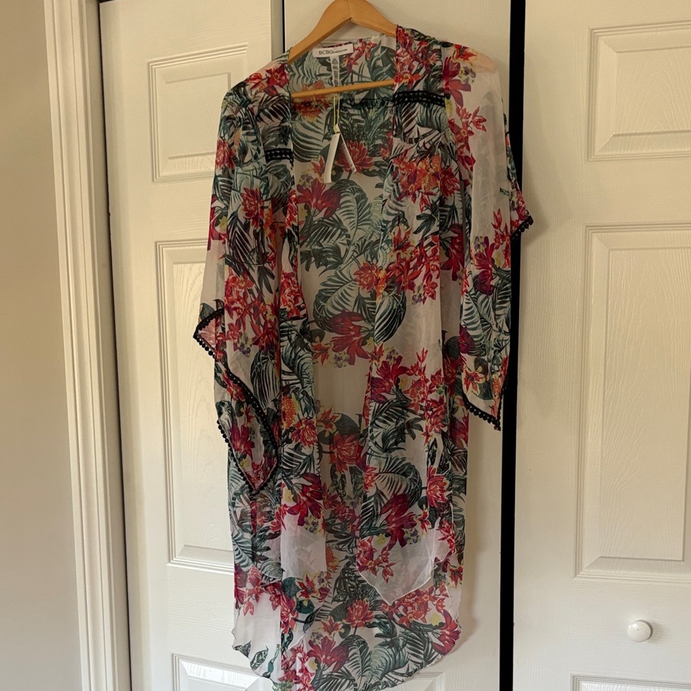 BCBGeneration Black Multi Floral kimono coverup